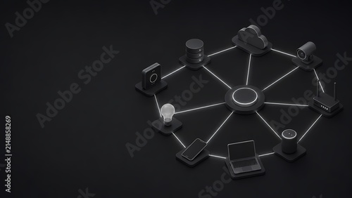 Isometric Dark Network Illustration with Copy Space