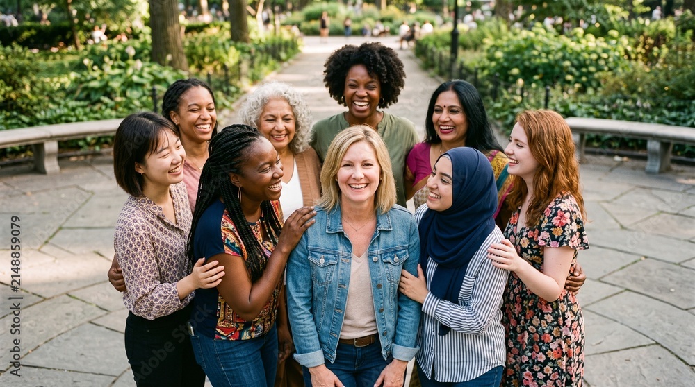 Fototapeta premium Diverse group of women of various ages and ethnicities smiling and laughing together in a park setting