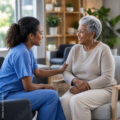 a compassionate healthcare professional sitting with An elderly patient in a bright modern wellness space, a genuine human connection moment showing trust, empathy, and support,