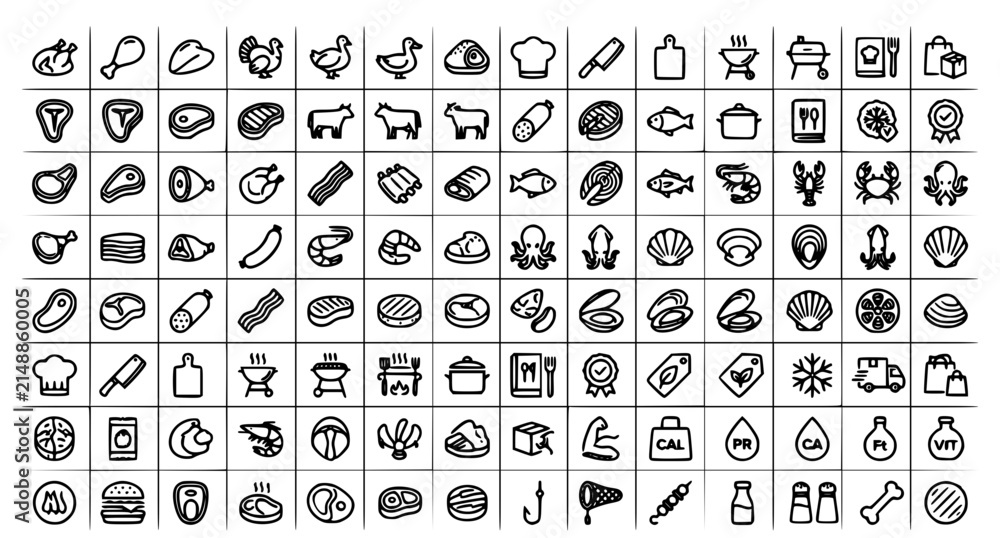 Obraz premium Modern Meat Seafood Food Outline Icon Collection with Editable Stroke Chicken Fish and Beef Symbols