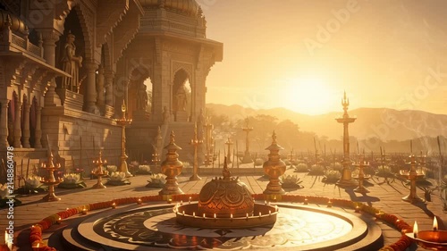Traditional Indian Temple Courtyard Decorated with Glowing Oil Lamps