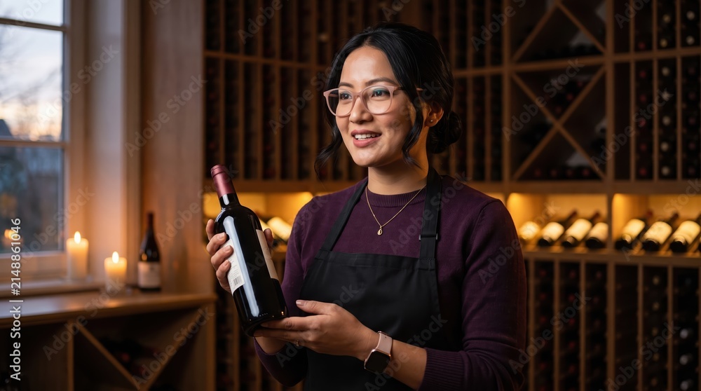 Obraz premium Generative AI, Asian female sommelier presenting a bottle of wine in a wine cellar