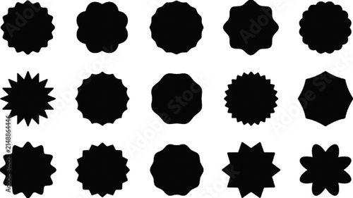 Set of black starburst and sunburst badge shapes