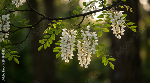 White clusters of acacia tree flowers blooming in spring sunlight with blooming sunlight outdoors