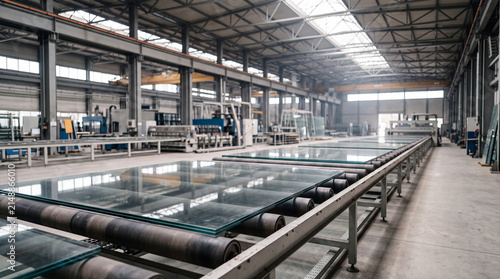 Фотография Large sheets of clear glass moving along a roller conveyor in a modern industrial glass factory