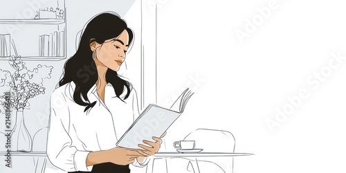 Woman reading book indoors illustration drawing in black and white with copy space