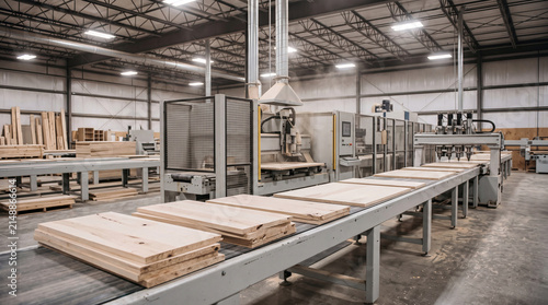 Obraz na plátně Freshly cut wooden planks moving along a conveyor belt in a large, modern woodworking factory production line
