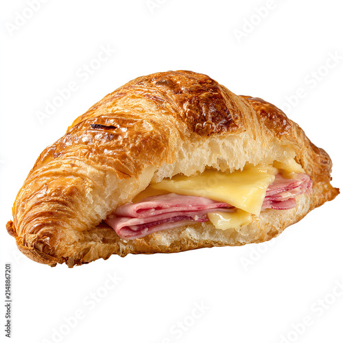 Golden flaky croissant pastry with intricate layered texture, perfectly baked and isolated on transparent background for bakery menus
