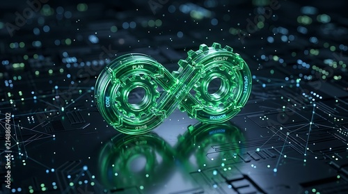 Devops infinity loop concept with glowing green gears on digital circuit board background
