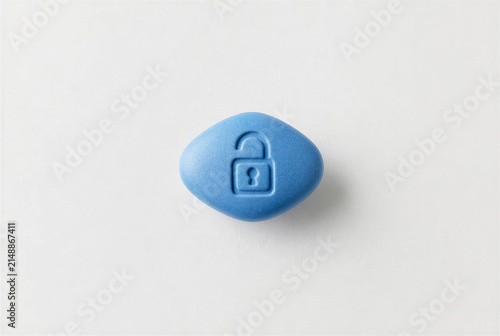 Blue Sildenafil Pill with Lock Symbol Isolated on White Background