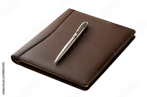 Elegant Brown Textured Leather Planner With A Shiny Silver Metal Pen Isolated On White Background