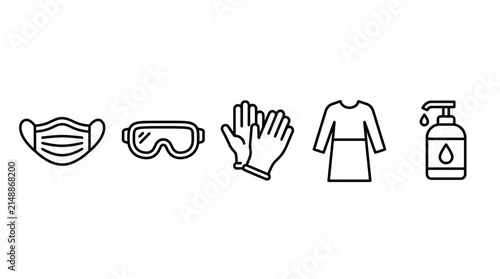 Personal Protective Equipment Icons: Mask, Goggles, Gloves, Gown, Sanitizer