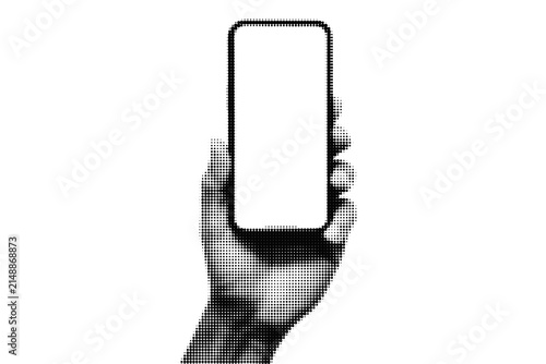 Hand holding a smartphone icon with halftone dot style