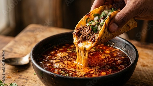 Beef birria taco dipping into red spicy consomme broth with melting cheese
