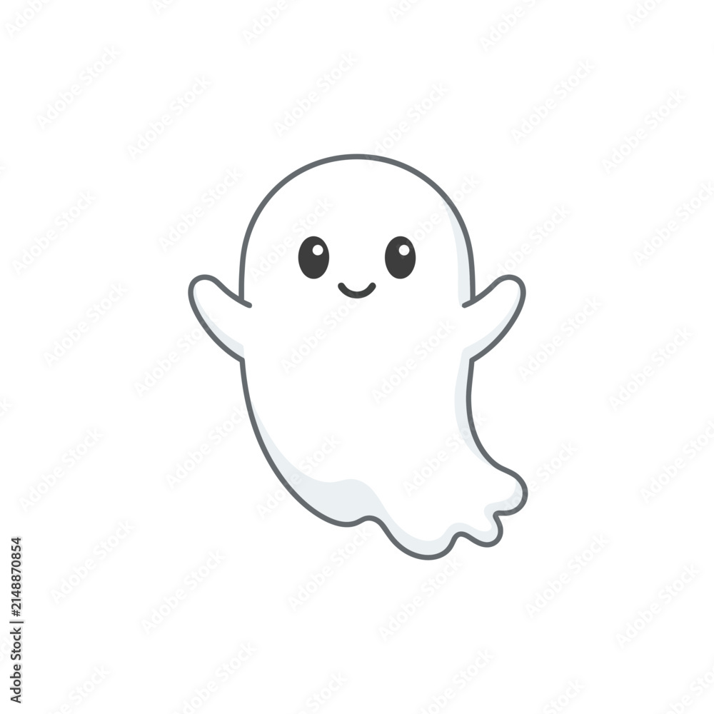 Fototapeta premium Cute ghost vector illustration, friendly Halloween spirit character, minimalist white phantom icon for seasonal decor and spooky branding isolated on White Background halloween