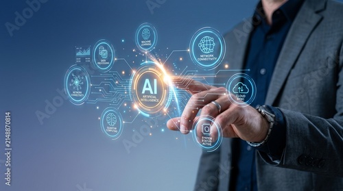 Business person interacting with artificial intelligence digital interface for data analysis and machine learning technology