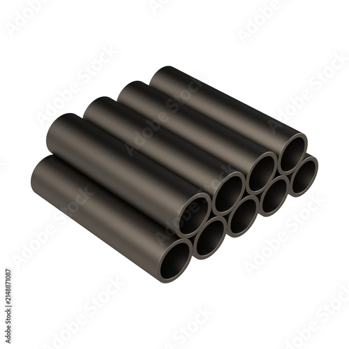 3D Isometric Stack of Black Metal Pipes and Industrial Steel Tubes Illustration