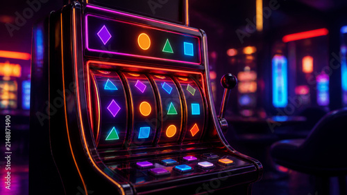 Neon slot machine with colorful geometric symbols glowing in dark casino environment, creating exciting and vibrant atmosphere