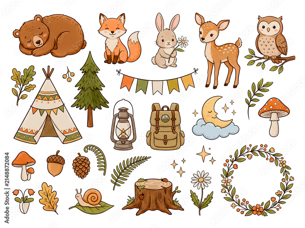 Obraz premium Cute Woodland Animals and Camping Elements Clipart Set