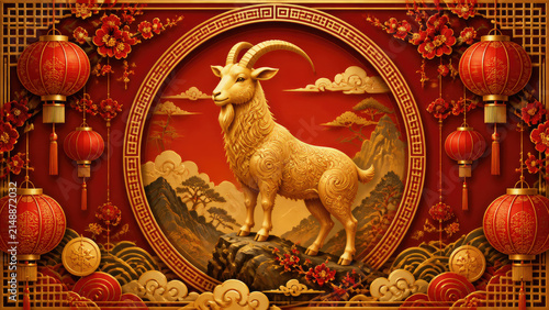 Golden goat statue in red traditional Chinese setting with lanterns and floral decorations, festive lunar new year concept