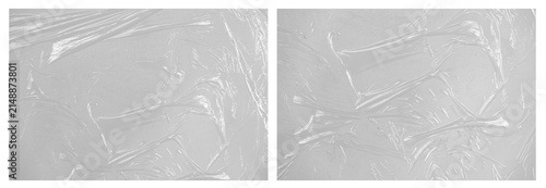 Realistic set of transparent plastic polyethylene bags overlay. Wrapping packaging vinyl texture.