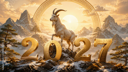 Golden Year 2027 With Majestic Goat on Mountain Peak Surreal Fantasy Concept of New Beginnings and Celestial Achievement