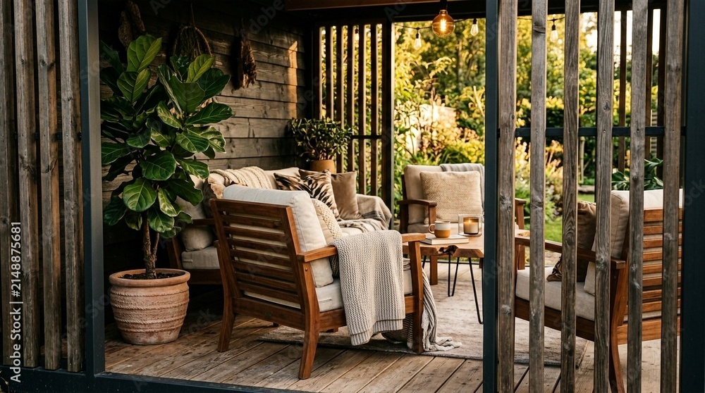 Fototapeta premium Cozy outdoor living room with wooden furniture, plants, and warm lighting