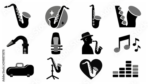 Fotografía Collection of black and white music instrument icons.