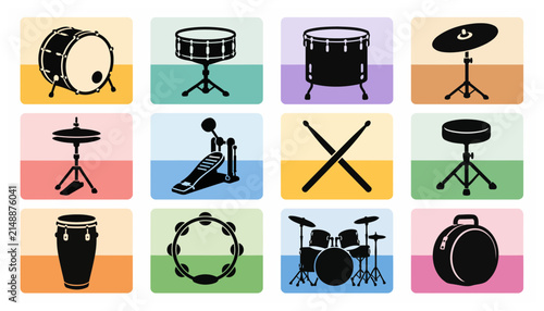 Bild auf Leinwand Collection of various musical percussion instruments icons.