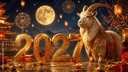 Golden goat with 2027 numbers under full moon with fireworks and traditional Asian lanterns in festive nighttime celebration concept