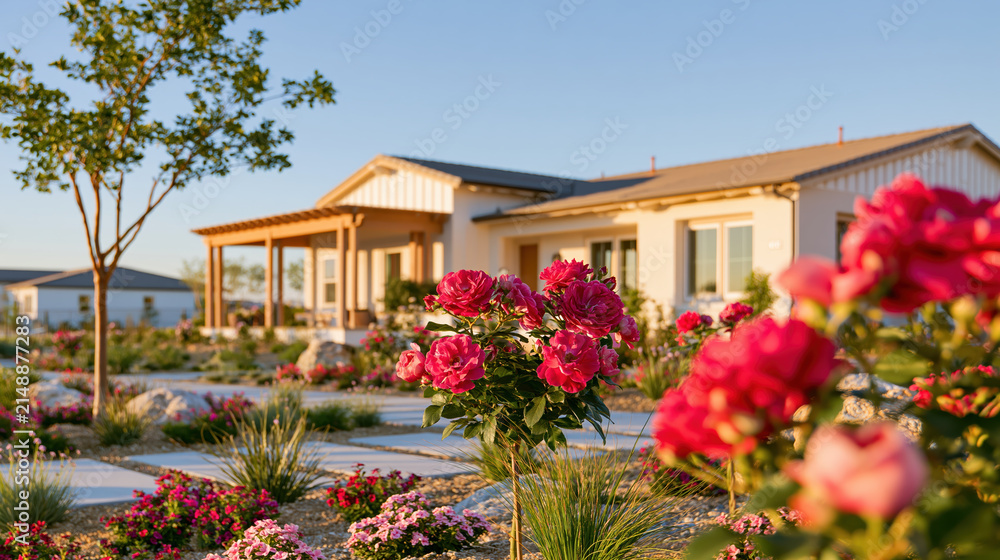 Fototapeta premium Residential garden with pink flower, ornamental grass, drought tolerant plant, modern house, and warm sunset light