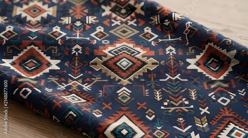 Traditional Indian and Thai Silk Textile with Intricate Oriental Pattern, Mosaic Ornament, Handmade Fabric Texture, Rich Color, Decorative Rug and Carpet Style