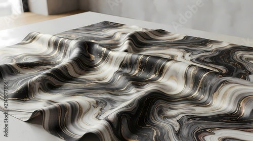Luxury hotel bedroom with elegant bed, blue and silver metallic wavy wallpaper, artistic liquid swirl pattern, silk fabric texture, gold accents and soft light