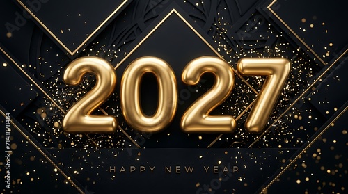 Glossy golden 2027 new year metallic balloons with sparkle background