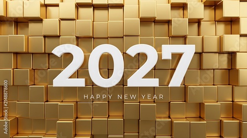 Happy new year 2027 celebration with cardboard boxes background