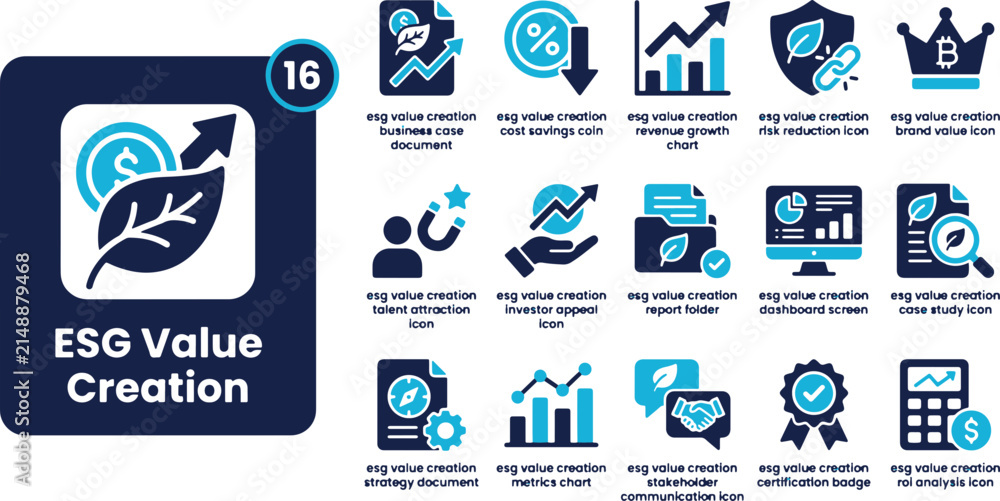 Fototapeta premium ESG value creation icons set showing sustainable business practices, growth, and environmental management strategies