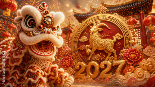 Traditional Lion Dance Costume With Golden Goat Zodiac Symbol 2027 Chinese New Year Celebration Festive Background Concept