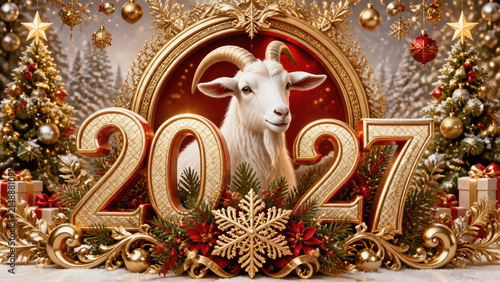 White Goat Portrait in Golden Frame 2027 New Year Holiday Season Festive Winter Wonderland Surreal Whimsical Concept