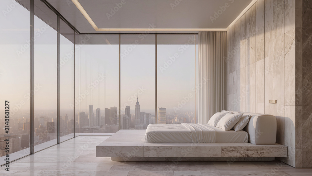 Fototapeta premium Modern Luxury Bedroom with City View - High-Rise Interior Design