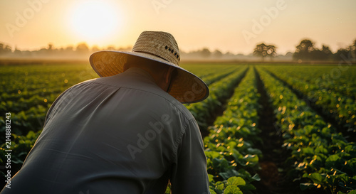 Farmer Wearing Straw Hat Tending to Green Crops in Agricultural Field 