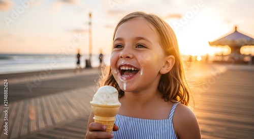 Happy young girl eating ice cream on a sunny boardwalk at sunset