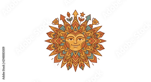 Stylized Sun Face with Floral and Arrow Accents, Boho Ethnic Design