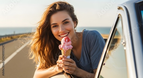 Happy young woman eating a delicious ice cream cone during a summer road trip