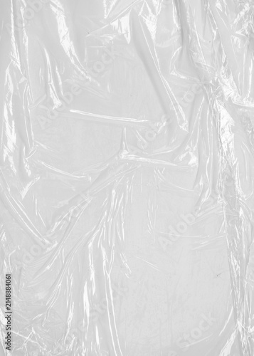 White crumpled plastic bag texture background. Clear cellophane wrap overlay effect for graphic design mockup.