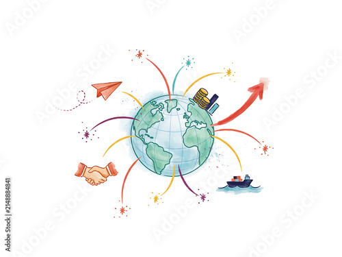 Hand drawn globe illustration with icons of global travel logistics and international business communication showing world connectivity and trade routes with colorful arrows and symbols