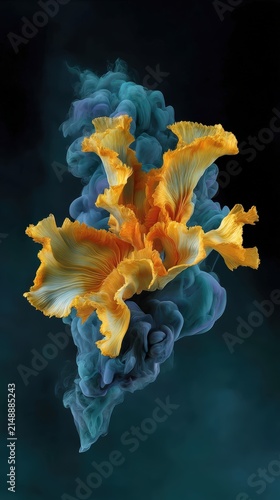 Abstract golden flower petals dissolving in phantom teal and midnight blue ink smoke