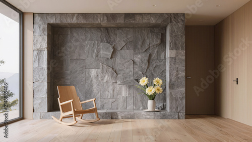Modern Minimalist Interior with Stone Wall and Rocking Chair