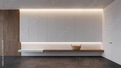 Modern Minimalist Interior with Built-in Wardrobe and Wooden Bench