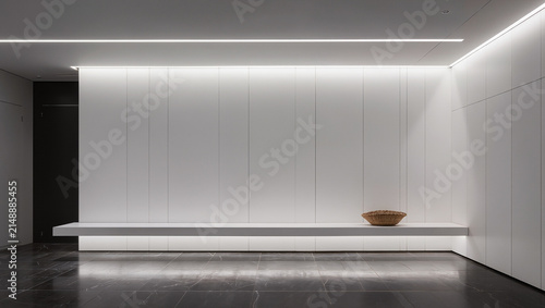 Modern Minimalist Interior with Subtle Lighting and Wall-Mounted Bench Design