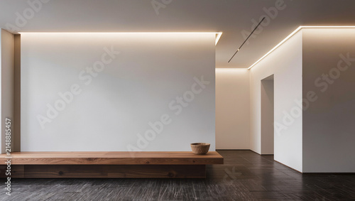 Modern Minimalist Interior with Wooden Bench and Indirect Lighting